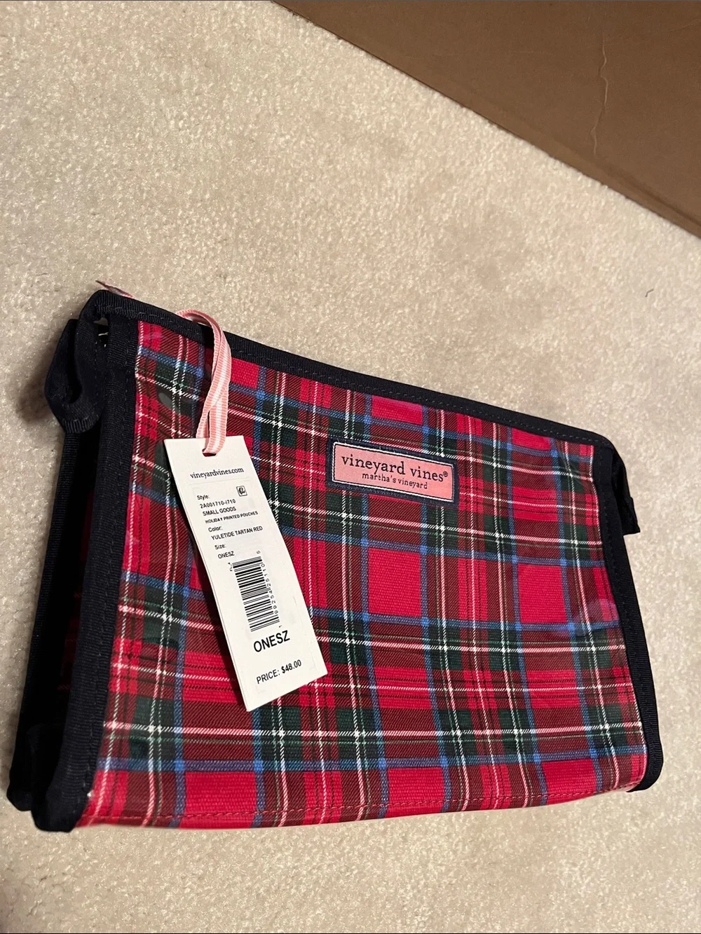 Vineyard Vines Red Plaid Toiletry Bag with Navy Trim. New. Zippers closed.